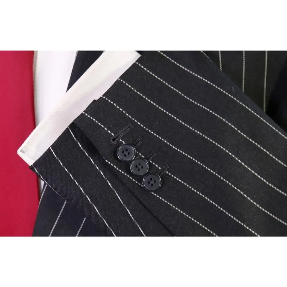 Edgar Pomeroy Custom Tailored Black Bold Pinstripe 2-Btn Wool Suit 46R